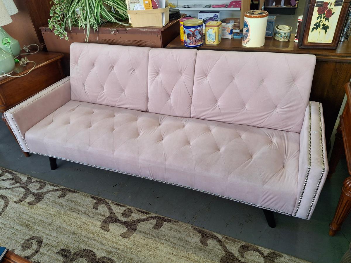 Blush Pink Tufted Sofa with Nailhead Trim